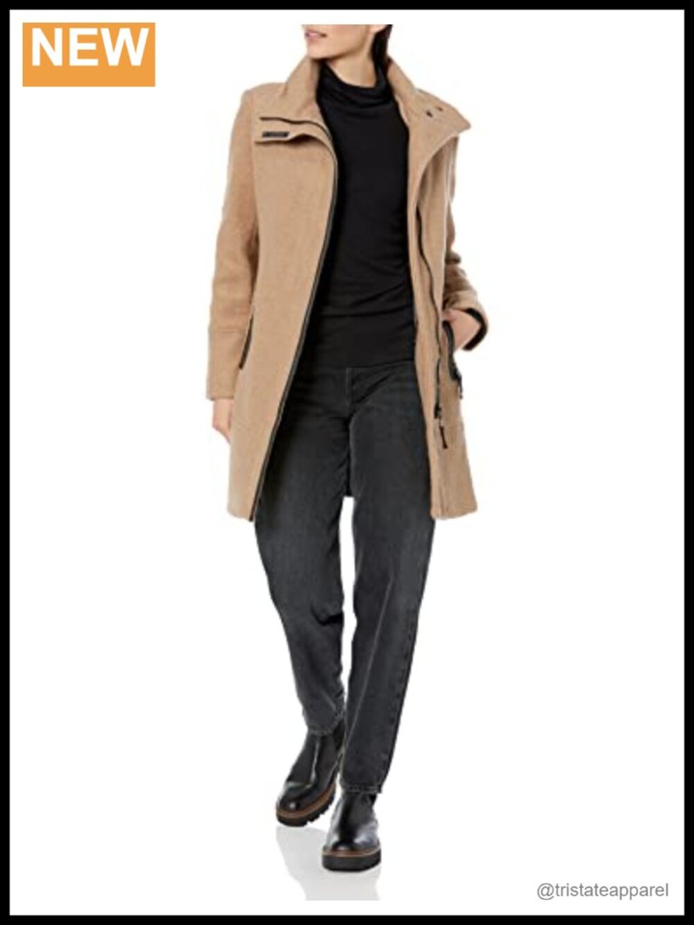 Wool Blend Overcoat with Tunnel Neck & Snap Bar Detail